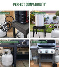 Propane Tank Gauge Level Indicator For 5 To 40 Pound Tanks With 100 Percent Brass Beefed Up Construction And Leak Proof Connection For RV Grill Heater And Fire Pit QCC1 Type1 Compatible Easy Read Propane Gauge connected to various outdoor appliances including a griddle, fryer, grill, and heater.