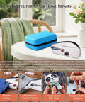 Heavy Duty Handheld Sewing Machine Kit With Blue Leather Storage Case And 110 Piece Sewing Kit on a table.