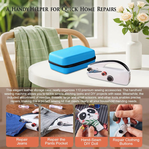 Heavy Duty Handheld Sewing Machine Kit With Blue Leather Storage Case And 110 Piece Sewing Kit on a table.