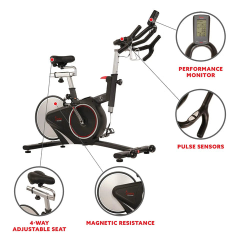 Smooth Riding Indoor Cycling Bike Featuring Forty Pound Rear Flywheel And Digital Console To Dominate Your Daily Grind And Ride With Silent Magnetic Resistance, side view with adjustable seat and performance monitor.