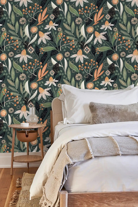 Dark Green Boho Peel and Stick Wallpaper Removable Floral Botanical Print for Bathrooms and Living Spaces Renter Friendly Leaf Pattern