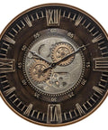 Killer Twenty Four Inch Oversized Wall Clock Featuring Real Moving Gears Heavily Distressed Antique Gold Dial Bold Roman Numerals.