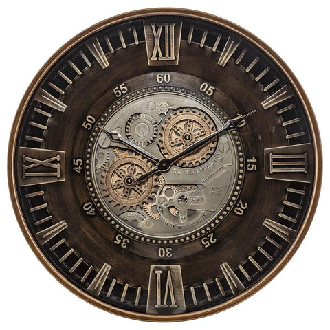 Killer Twenty Four Inch Oversized Wall Clock Featuring Real Moving Gears Heavily Distressed Antique Gold Dial Bold Roman Numerals.