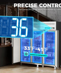 Heavy Duty Stainless Steel Three Door Commercial Fridge With Secure Locks Top Tier Reach In Cooler showing precise temperature control display.