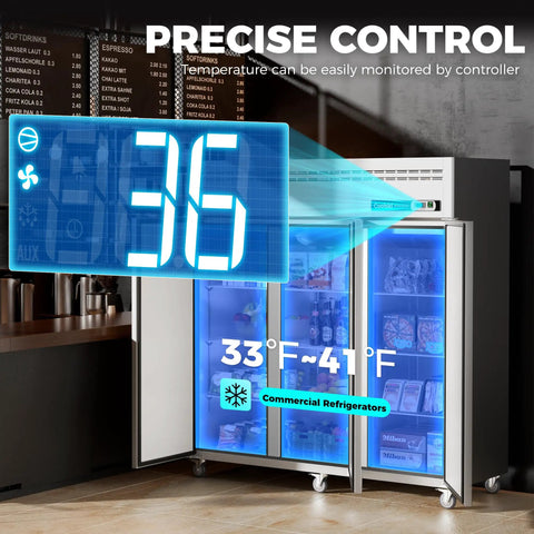 Heavy Duty Stainless Steel Three Door Commercial Fridge With Secure Locks Top Tier Reach In Cooler showing precise temperature control display.