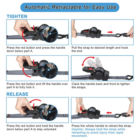 Instruction steps for Retractable Ratchet Straps 12Ft Auto Rewind Cargo Tie Down Straps Self Ratcheting with easy release