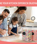 Family using Six Piece Large Airtight Food Storage Containers With Lids 4L Cereal Canisters For Pantry Organization Includes 20 Labels And Marker Leak Proof Durable Black Set For Flour Sugar Rice Nuts Snacks Pet Food And More in kitchen