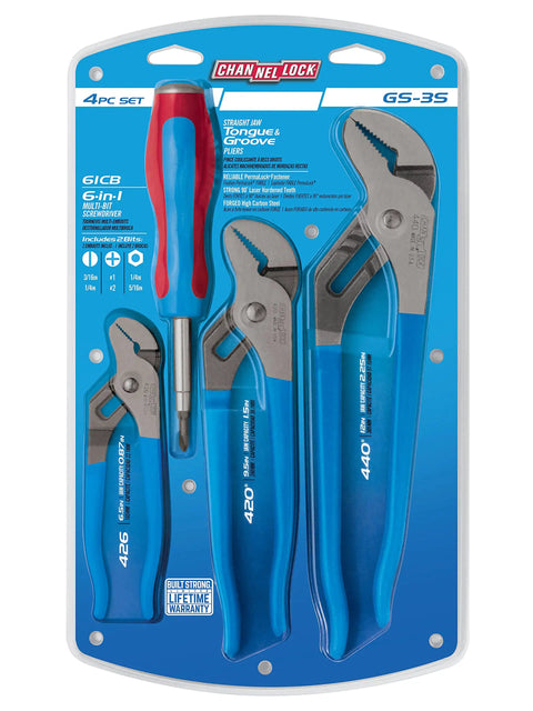Three Piece Tongue And Groove Pliers Set With Bonus Code Blue 6 In 1 Screwdriver Straight Jaw Laser Heat Treated Teeth Forged Display