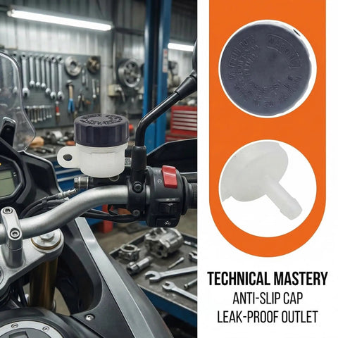 Universal Motorcycle Brake Fluid Reservoir Cap For Master Cylinder Tank Fits Honda CBR CRF, Yamaha YZF MT, Kawasaki Ninja Z, Suzuki GSX DR, 42mm Cap, 30mm Opening, 63mm Height, Plug And Play Replacement shown on handlebars with technical details.