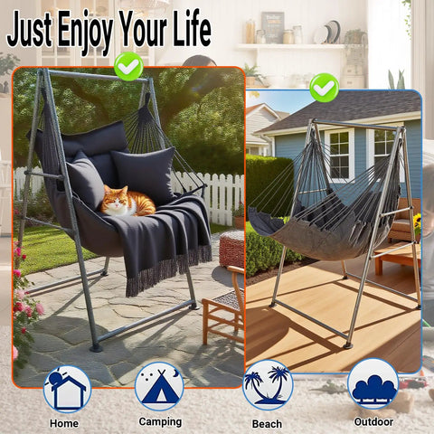 Ultra Cozy Hammock Chair Set With Foldable Anti Tip Stand X Large Swing Chair And Footrest Weatherproof Iron Frame 450 Lb Capacity Quick Assembly For Indoor Outdoor Relaxing displayed in garden and patio setting