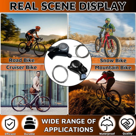 Collage of 3x7 Speed Bike Shifter Set with TX-30 Levers on road, cruiser, snow, and mountain bikes for versatile use.