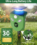 360 Degree Solar Animal Deterrent For Yard And Garden With No Blind Spots, Three Motion Sensors, Waterproof Ultrasonic And Flashing Light Outdoor Device To Keep Deer, Raccoons, And Cats Away, green with solar panel