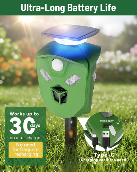 360 Degree Solar Animal Deterrent For Yard And Garden With No Blind Spots, Three Motion Sensors, Waterproof Ultrasonic And Flashing Light Outdoor Device To Keep Deer, Raccoons, And Cats Away, green with solar panel