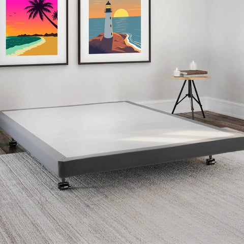 Queen Size 4 Inch Low Profile Bed Foundation Built Tough With Heavy Duty Wooden Slats For Zero Sag Mattress Support in modern room.