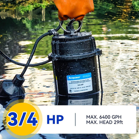 Submersible Sewage Pump With Auto Float Switch Three Quarter HP 6400 GPH 29 Ft Lift 2 Inch NPT Discharge in water