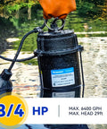 Heavy Duty Sewage Pump 0.75 HP Cast Iron Submersible With Automatic Tethered Float Switch, 6400 GPH in water