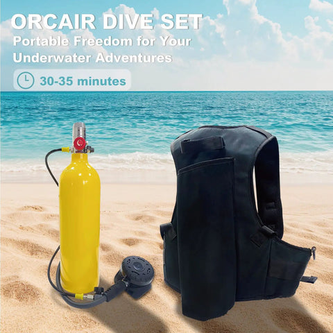 Portable 2L Mini Scuba Tank Kit With Backpack on beach, DOT Certified Regulator Aluminum Tank For On The Go Underwater Adventures