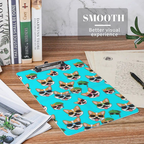 Dope Low Profile Acrylic Clipboard With Adorable Corgi Glasses Print Built For Desk Work Sturdy Writing Surface Fits Standard Letter Or A4 Paper Easy Clip And Smooth Glide For Notes And Sketches, 8.5 x 12.5 in acrylic clipboard on desk
