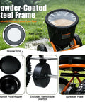 Heavy Duty Walk Behind Broadcast Spreader For Fertilizer Seed And Salt With Anti Clog Hopper Rain Cover 50 Pound Capacity All Terrain Spreader With Adjustable Flow And Pneumatic Tires For Year Round Lawn Care showing close-up of anti-clog hopper, rain cover, and components.