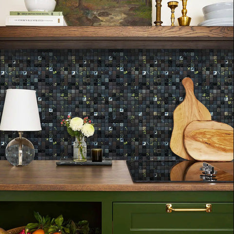 Peel And Stick Backsplash Tiles For Kitchen, Bath, And Fireplace With Plaid Glass In Starry Sky Black, 5 Sheets, 3D Metal Texture