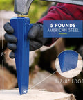 Close-up of Sure Split Wedge 5 Pound USA Made Wood Splitting Tool With Forged Steel Construction being held, shows 1-7/8 inch edge.