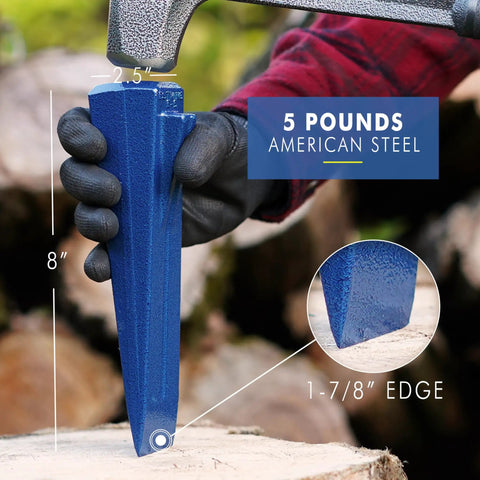 Close-up of Sure Split Wedge 5 Pound USA Made Wood Splitting Tool With Forged Steel Construction being held, shows 1-7/8 inch edge.