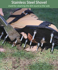Preassembled Lawn Aerator Shoes With Spiked Soles And Adjustable Straps shown with stainless steel shovel in use