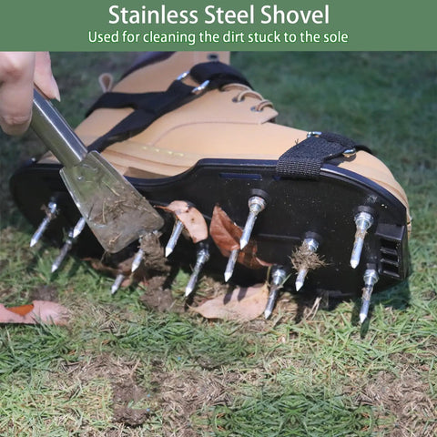 Preassembled Lawn Aerator Shoes With Spiked Soles And Adjustable Straps shown with stainless steel shovel in use
