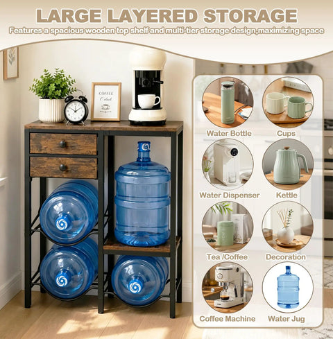 5 Gallon Water Jug Holder With 4 Slots Sturdy Water Dispenser Stand With Drawers And Wood Shelves in kitchen setting