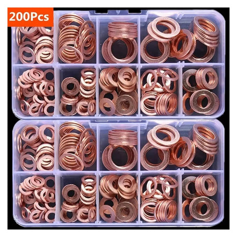 All In One Copper Flat Washer Set Kit With Nine Metric Sizes M5 To M14 100 Or 200 Pieces Durable Sealing Washers For Hardware Plumbing DIY Projects Heavy Duty Copper Washers For Tight Fits, 200pcs copper flat washers in labeled storage box