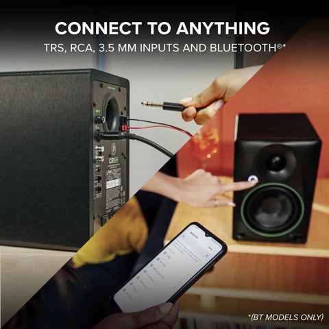 CR3.5 3.5 Inch Creative Reference Powered Studio Monitors with Tone Knob showing TRS, RCA, 3.5 mm inputs and Bluetooth connection