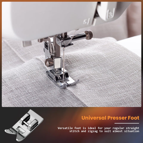 Installed universal presser foot on sewing machine, stitching gray fabric