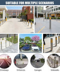 Hella Sturdy Heavy Duty Stainless Steel Safety Bollards 2 Pack Removable Parking Barrier Posts in various settings for traffic control.