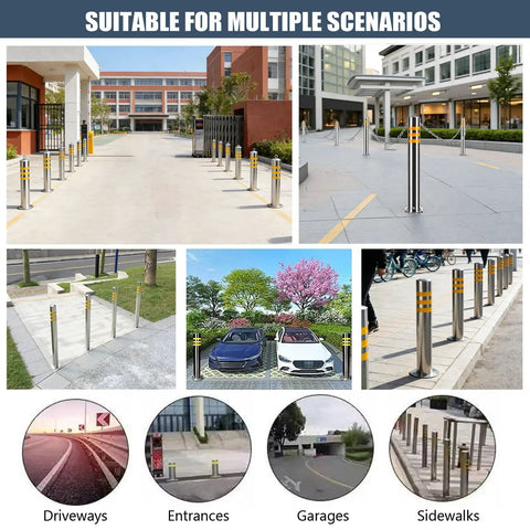Hella Sturdy Heavy Duty Stainless Steel Safety Bollards 2 Pack Removable Parking Barrier Posts in various settings for traffic control.