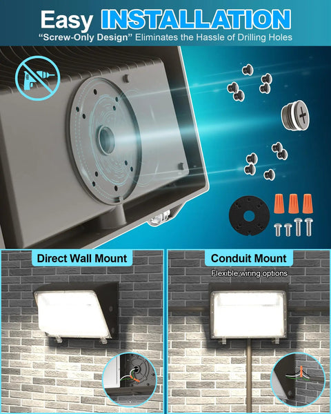 LED Wall Pack Light With Photocell 150W 120W 100W Options, showing easy installation and mounting options