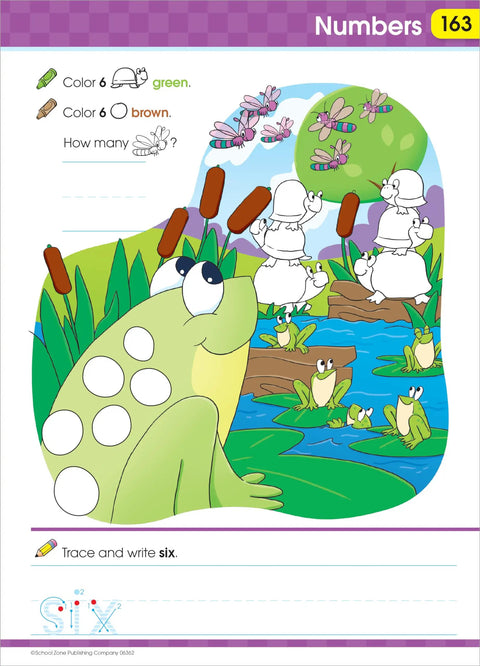 Page with frogs on a lily pad and fly counting activity from Get Ready for Kindergarten Workbook With 256 Pages of Early Learning Activities.
