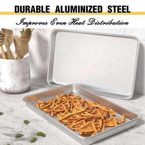 Pro Level Pure Aluminum Baking Sheet Pan Set No Coating Warp Resistant Half Sheet Pan with fries, 18 by 13 Inches 2 Pack