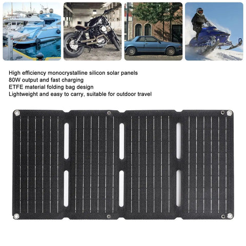 80W Folding Solar Panel With Monocrystalline Cells Grab And Go Portable Solar Charger for travel and camping shown unfolded