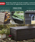 Lockable 120 Gallon Outdoor Storage Deck Box For Patio Backyard And Garden In Brown Waterproof Plastic Bench showing lockable feature