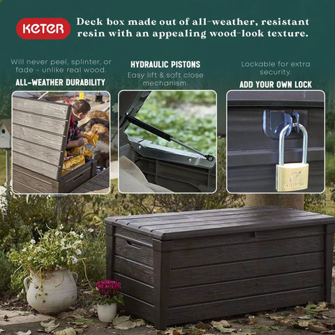 Lockable 120 Gallon Outdoor Storage Deck Box For Patio Backyard And Garden In Brown Waterproof Plastic Bench showing lockable feature