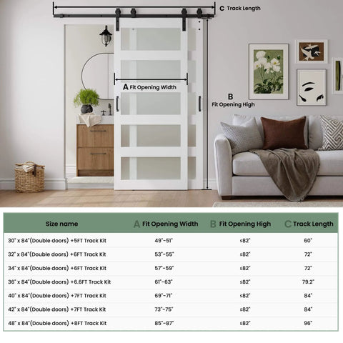 Double Bypass Barn Door With Frosted Glass And White Waterproof PVC Finish Includes Six Point Six Feet Track Hardware Kit Premium MDF Panels For Space Saving And Easy Assembly Fits Thirty Six By Eighty Four Inch Openings installed in living room