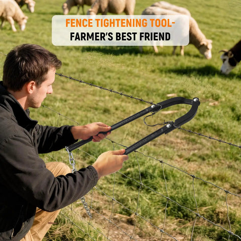 Person using Beefy Heavy Duty Fence Fixer Wire Repair Tool With Lifetime Replacement Guarantee For Electric Fences Horse Fencing And Mesh Wire Projects Corrosion Proof Iron Construction In Durable Black Finish on farm fence.