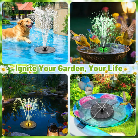 Solar Bird Bath Fountain With Colorful LED Lights And Adjustable Spray Heights Three Point Five Watt Glass Solar Pump 2000mAh Battery Four Rotating Rods And Seven Nozzles For Hummingbird Bathing Easy Backyard Decor with different scenes.