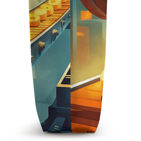 Side view of Cheese Factory Conveyor Belt Art Tote Bag For Cheese Lovers And Food Lovers Colorful Kitchen Accessory