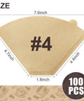 Real Deal Unbleached Number Four Cone Coffee Filters Pack Of One Hundred for 8 to 12 cup machines with dimensions displayed.