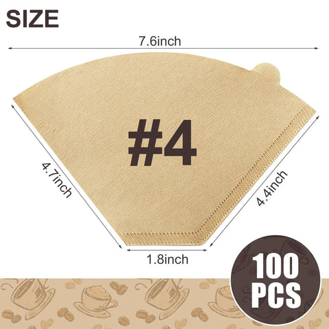 Real Deal Unbleached Number Four Cone Coffee Filters Pack Of One Hundred for 8 to 12 cup machines with dimensions displayed.