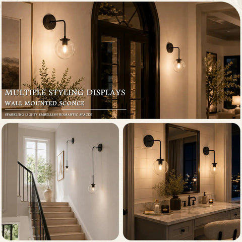KoKo&Yukina 2 Pack 6" Black Modern Wall Sconces for Bedroom Bulb Included displayed in various settings, featuring sleek black design.