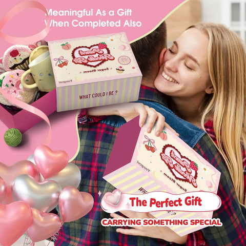 Punch Needle Coaster Kit 6-Pack in gift box held by smiling couple, featuring embroidery patterns and crafting tools.