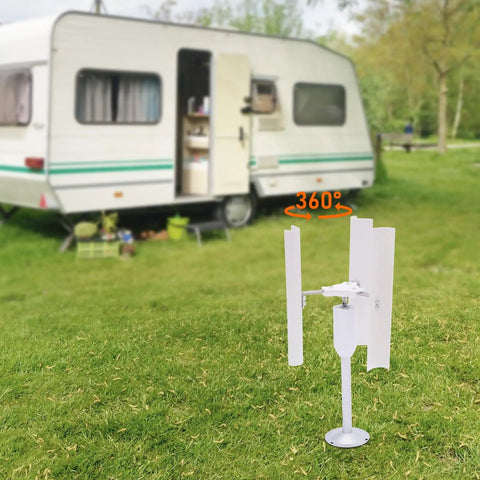 Vertical Wind Turbine Generator Kit 12V 3-Phase Permanent Magnet Generator 3 Blade Windmill Charger in front of RV
