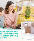 No Sweat Automatic Parrot Feeder Cups Bulk Pack designed for neat seed dispensing in birdcage, 8 clear feeders shown.